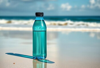 Teal water bottle on sandy beach, ocean reflection, bottle, lifestyle