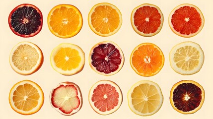 Photograph of orange and grapefruit slices arranged in a grid pattern.