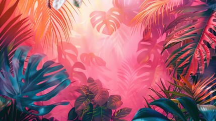 Vibrant pink and orange hues of tropical jungle foliage create a lush, exotic backdrop, showcasing the beauty of nature's rich biodiversity