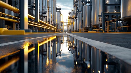 industrial cement site with reflective metal silos arranged in perfect bilateral symmetry, piping systems aligned with structural rhythm, empty service paths, late afternoon sunlight