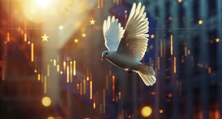 Financial charts, European Union flag serving background while white dove flying freely, representing economic harmony and global peace