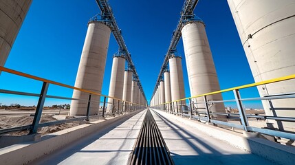 long view of cement factory conveyor line flanked by identical silos on both sides, symmetrical industrial landscape with soft shadows and pale tones, wide depth of field
