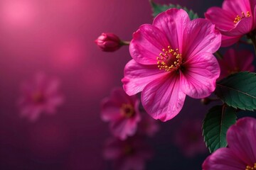 Vibrant fuchsia flowers, intricate details, lush blooms, graphic, leaves, fabric