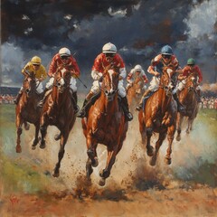 Horse racing with jockeys heading to finish line