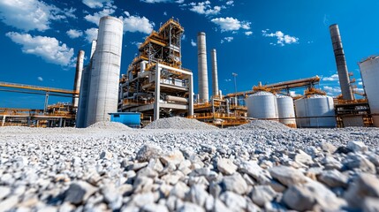 Obraz premium modern symmetrical cement factory viewed from the side, echoing shapes of chimneys and tanks, gravel foreground, industrial elements organized with precision