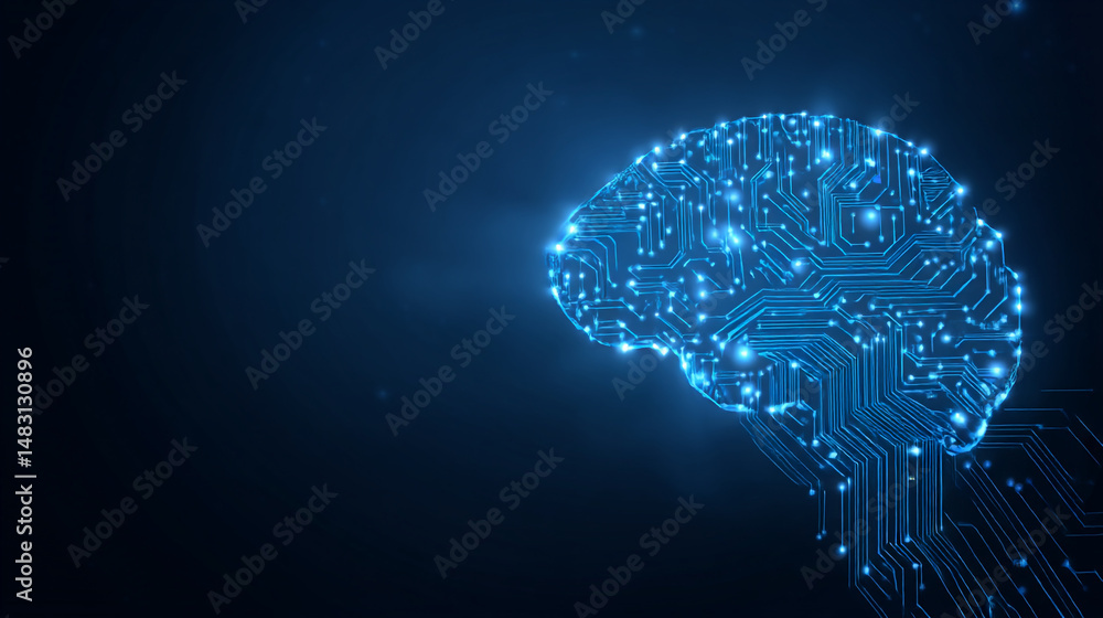 Poster abstract digital brain circuitry glowing blue technology innovation artificial intelligence network 