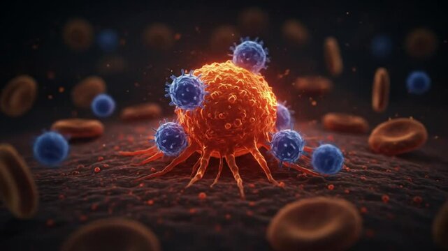 Immune cells attacking cancer tumor animation