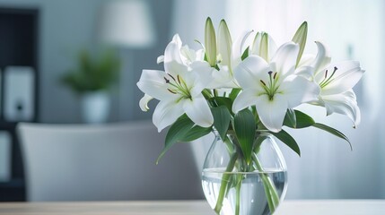 A delicate bouquet of white lilies in a clear glass vase, the flowers beautifully arranged on a table, a serene indoor setting. 