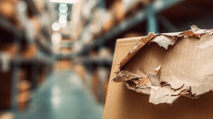 Torn shipping label on cardboard box symbolizing order cancellations, logistics problems, failed delivery and ecommerce return concept
