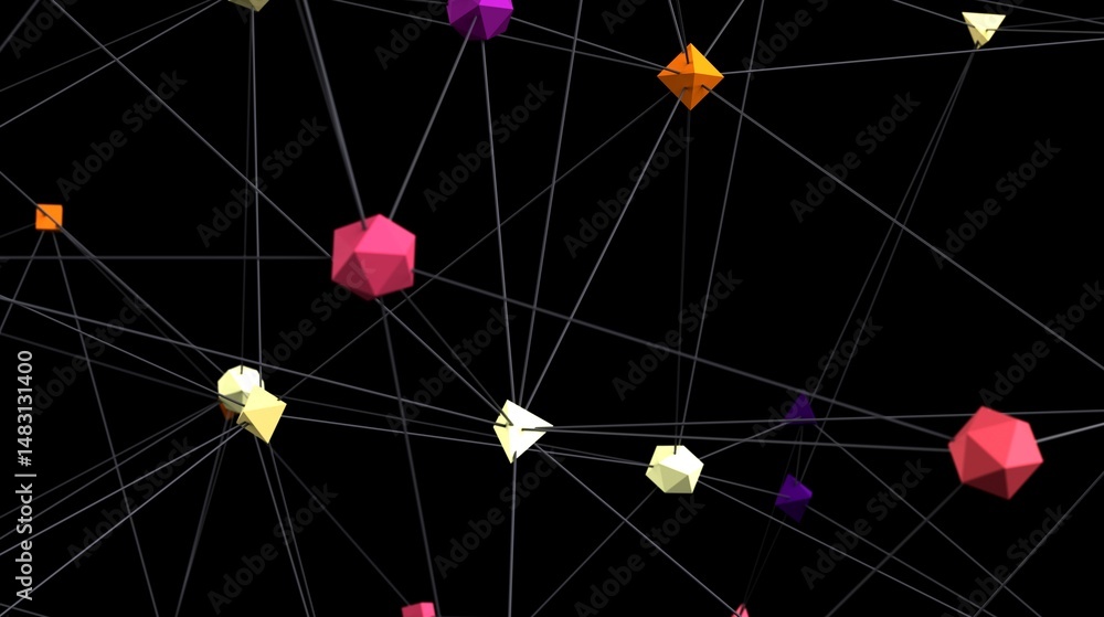 Poster Stock photo of colorful geometric shapes connected by lines, representing networking, technology, or connection.