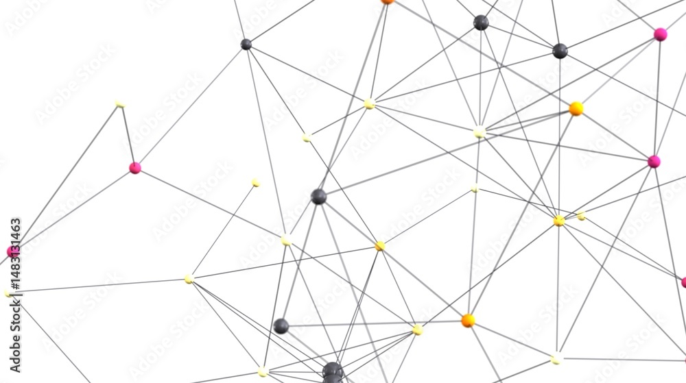 Poster Colorful abstract network graphic with connected dots and lines. Ideal for technology, communication, and connection concepts.