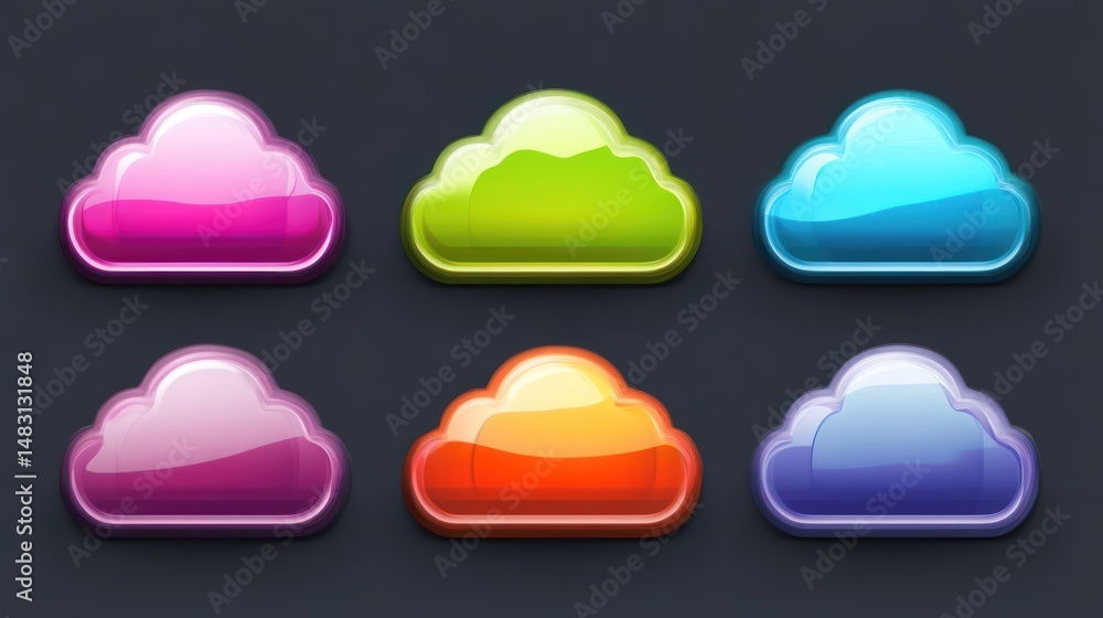 Poster colorful glossy cloud buttons: a vibrant set of six cloud shaped buttons in various bright colors, i