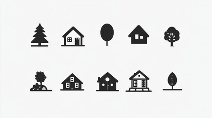 Fototapeta premium Minimalist icons showing various trees and houses against a white background