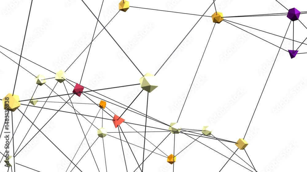 Poster 3D rendering of interconnected nodes, representing network, connection, or communication.