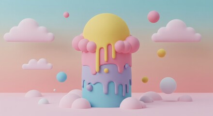 Colorful Pastel Tower with Drip Effect and Clouds in a Dreamscape
