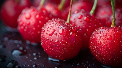 Juicy Red Cherries with Water Droplets on Dark Background