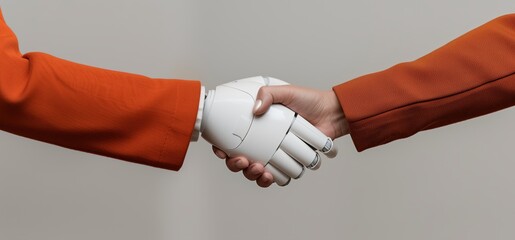 Businesswoman and robot shaking hands, symbolizing the collaboration between humans and artificial intelligence in the future of work
