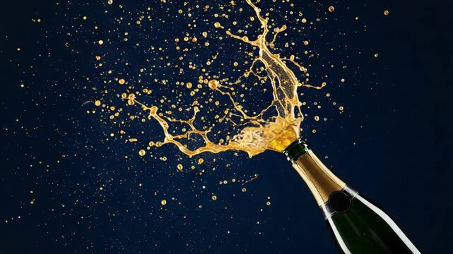 Golden liquid exploding from bottle on dark background celebration concept