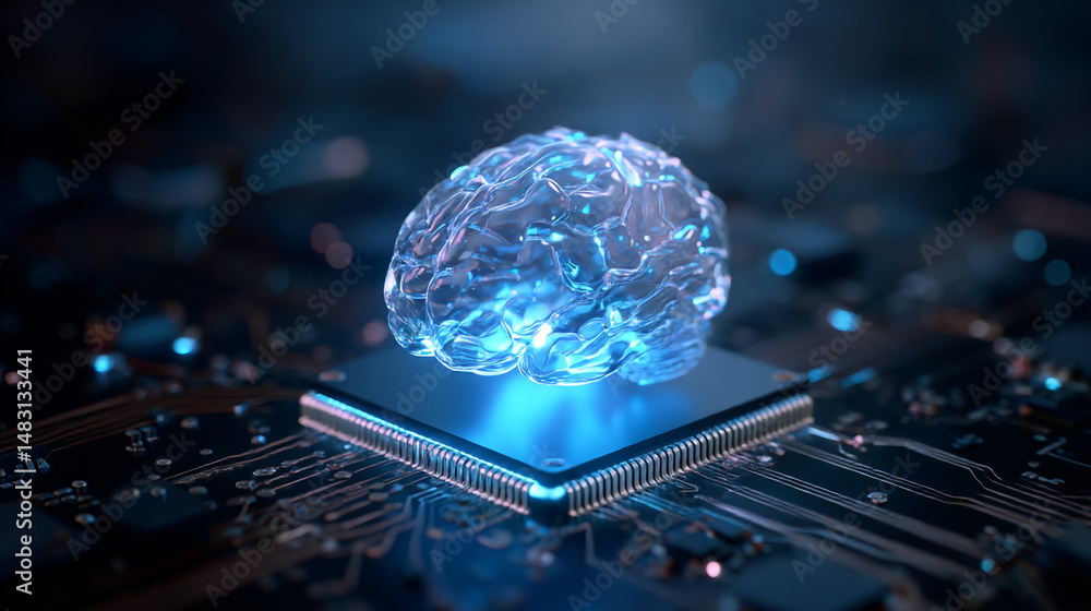 Poster abstract digital brain on circuit board technology concept futuristic artificial intelligence neural