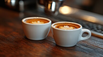 Obraz premium Two cups of latte art coffee on wood.