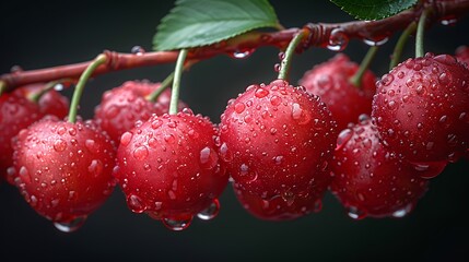 Juicy Red Cherries with Water Droplets on Dark Background