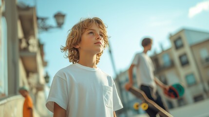 Contemplative young boy standing alone in urban square, skateboarding friends blurring behind him
