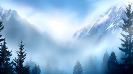 Obraz premium Ethereal Mountain Landscape with Misty Forest and Majestic Peaks in Soft Blue Tones