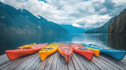 Colorful kayaks on a wooden dock by a serene lake, surrounded by mountains and forest