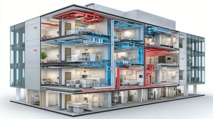 Cut-through render of a commercial tower core illustrating mechanical floors with large AHUs, ductwork transitions, vertical chilled water pipe risers, smoke extraction fans, and corridor uplights
