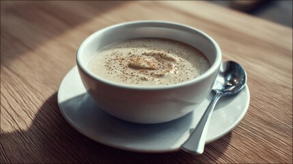 Creamy soup in a bowl on a wooden table, garnished with spices.  A spoon rests beside it.