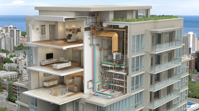 Cut-through render of a commercial tower core illustrating mechanical floors with large AHUs, ductwork transitions, vertical chilled water pipe risers, smoke extraction fans, and corridor uplights