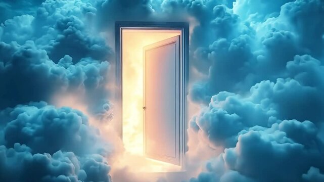 A door open in the sky surrounded by fluffy clouds. Fantasy and dream concept