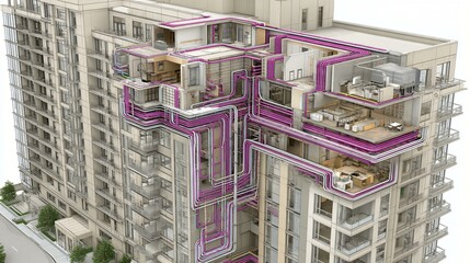 Cutaway perspective of a residential tower core highlighting elevator bank, adjacent HVAC mechanical shaft containing vertical duct risers, insulated piping, and electrical conduit runs under