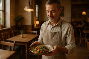 A middle-aged waiter, with a kind and professional expression, carefully holding a handcrafted ceramic plate. 