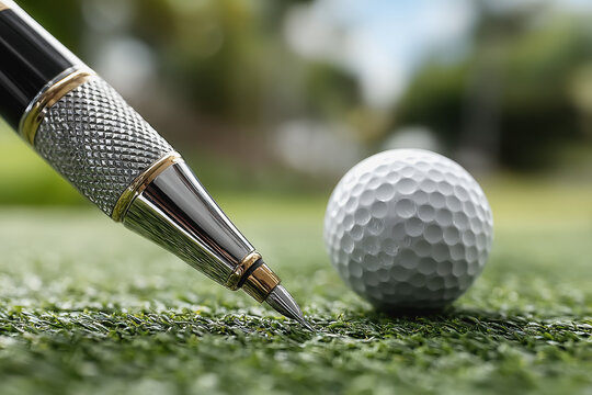 A golf ball and pen on a green surface symbolizing outdoor golf activities with available space for textual content