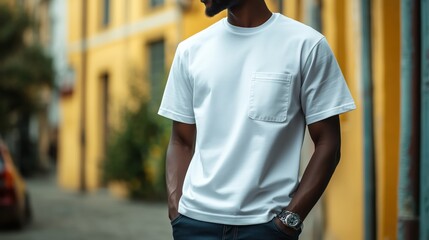 Stylish man wearing white pocket tee, standing casually with hands tucked in pockets against urban streetscape background