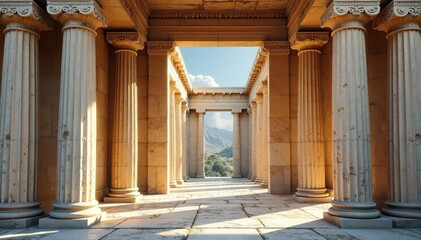 Naklejka premium Ancient Greek temple columns, weathered stone, design, Greece, monument