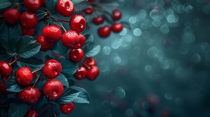 Fototapeta premium Juicy Red Cherries with Water Droplets on Dark Background