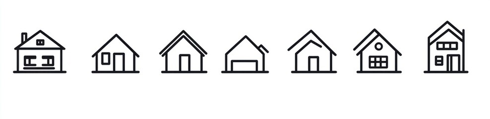 Seven simple house icon illustrations showcasing varied architectural styles and sizes