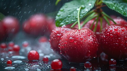 Juicy Red Cherries glistening with Rainwater Drops