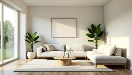 Serene minimalist living room with neutral tones, simple furniture, and natural light Plants add a touch of life , grey, airy, nordic
