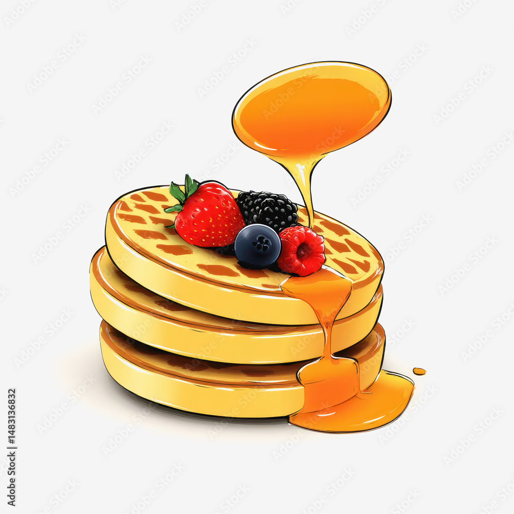 Poster stack of fluffy pancakes topped with fresh berries and drizzled with warm maple syrup on a white bac
