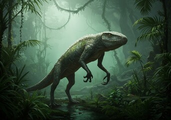 神秘的なジャングル 古代爬虫類 巨大な影 静かに佇む 緑深い森