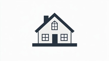 Minimalist dark grey house icon with gable roof, chimney, and multiple windows