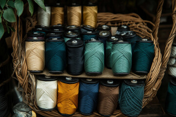 Basket filled with vibrant spools of colorful threads ready for crafting and sewing projects