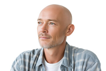 Fototapeta premium Portrait of a bald middle-aged man with a hopeful expression, looking towards the future with positivity, isolated on a transparent background