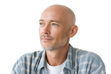 Portrait of a bald middle-aged man with a hopeful expression, looking towards the future with positivity, isolated on a transparent background