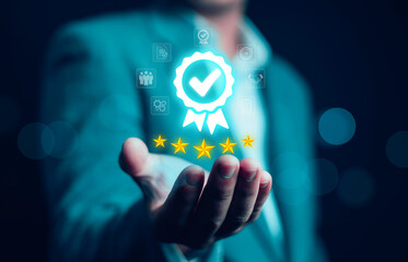 Hand shows sign of top service Quality assurance, Guarantee, Standards, ISO certification and standardization concept, satisfaction, service experience, show the standards of products and services.	
