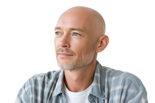 Portrait of a bald middle-aged man with a hopeful expression, looking towards the future with positivity, isolated on a transparent background