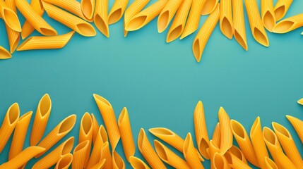 Penne rigate pasta is creating a frame on a turquoise background, offering copy space for culinary text or design